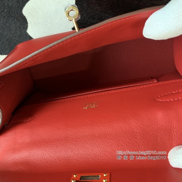 Hermes凱利女包 愛馬仕Minikelly pochette一代 原廠進口swift皮 半手工蠟線 國旗紅 金銀扣  tdh2271